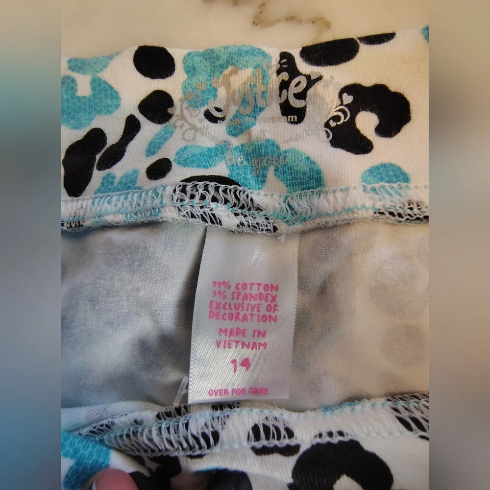 Justice Aqua Black White Leopard Print Lace Hemmed Capri Leggings Size 14 Girls